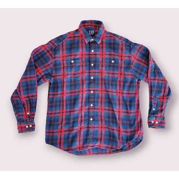 GAP Mens Large Flannel Collared Button Double Pocketed Shirt Plaid Vintage 90s - Picture 1 of 4